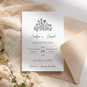 Wildflower Black & White Boho Elegant Chic Wedding Invitation