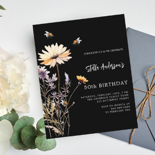 Wildflower black yellow purple birthday invitation
