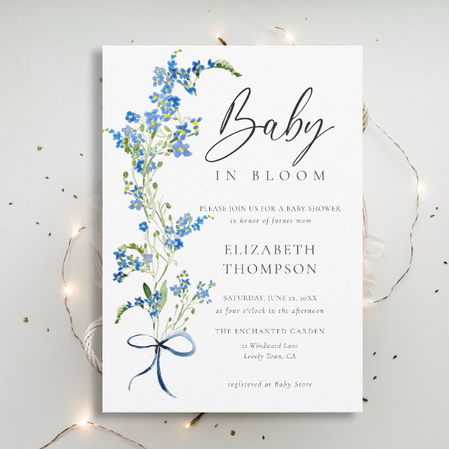 Wildflower Bloom Soft Blue Bow Elegant Baby Shower Invitation (wildflowers baby shower invitation blue in bloom watercolor bow elegant garden rustic chic boho)