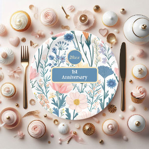 Wildflower Blooms foliage Pastel Blue Pink Meadow  Paper Plate