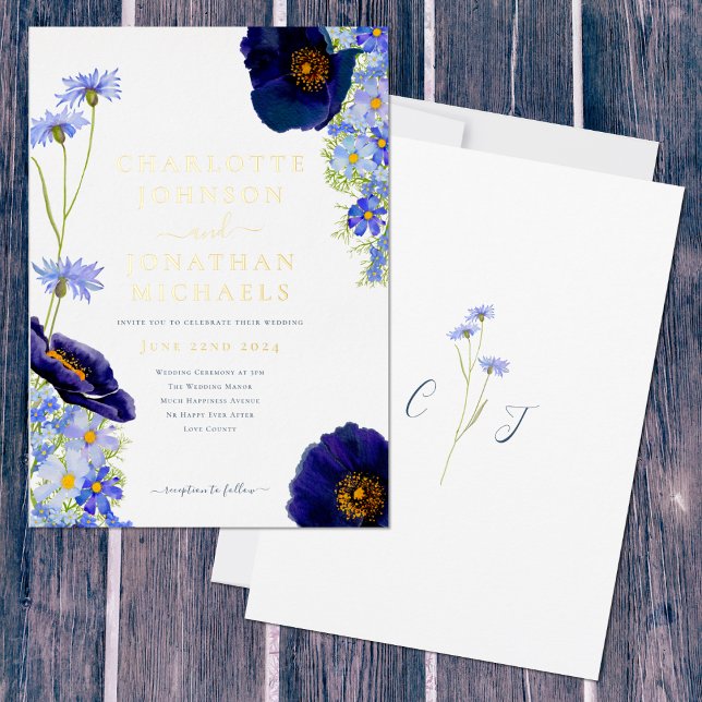 Wildflower Blue and Gold Rustic Wedding (Elegant blue wildflower watercolor with gold foil typography & Monogram initials wedding invitation )