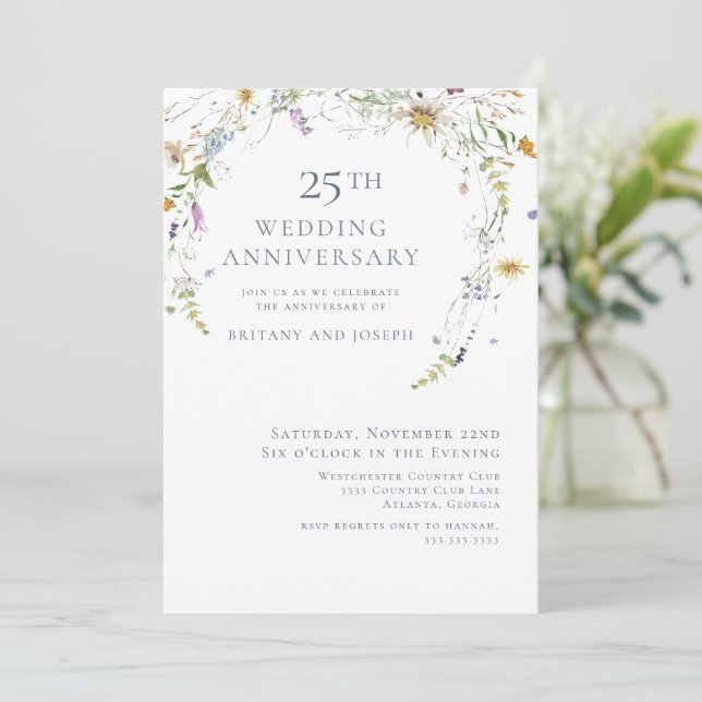  Wildflower Blue Floral 25th Wedding Anniversary Invitation (Standing Front)