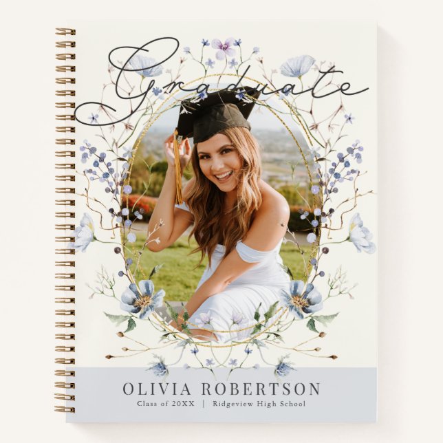 Wildflower Blue Floral Photo Graduation Guest Book (Front)