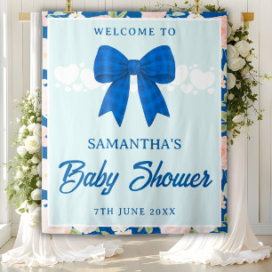 Wildflower Blue Gingham Bow Baby Shower Backdrop Tapestry