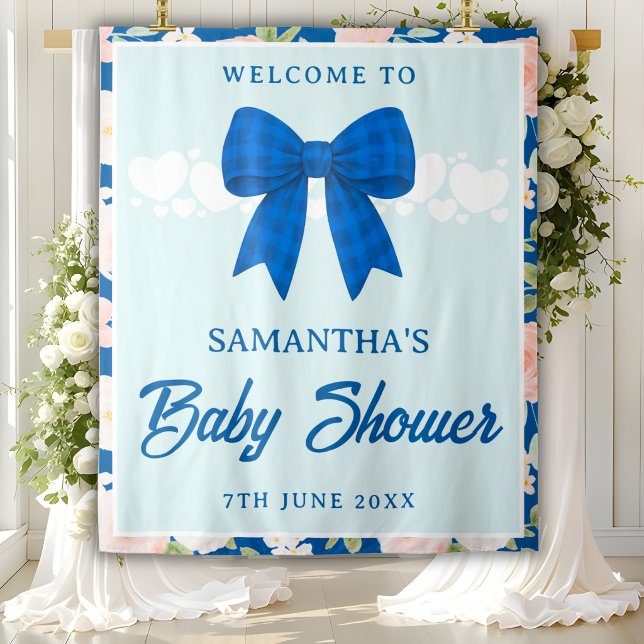 Wildflower Blue Gingham Bow Baby Shower Backdrop Tapestry (Creator Uploaded)