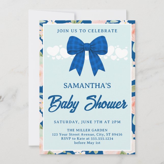 Wildflower Blue Gingham Bow Boy Baby Shower Invitation (Front)