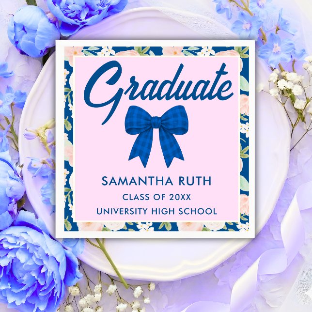 Wildflower Blue Gingham Bow Graduation Party Napkin (Creator Uploaded)