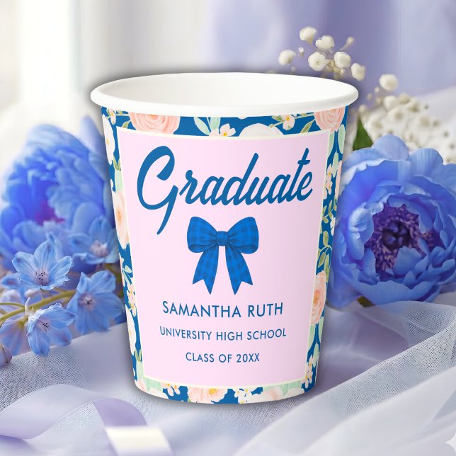 Wildflower Blue Gingham Bow Graduation Party Paper Cups (Creator Uploaded)