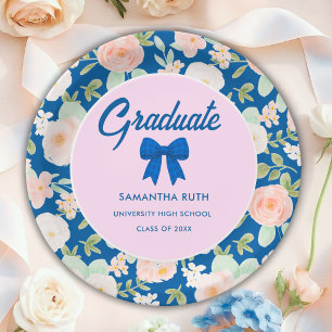 Wildflower Blue Gingham Bow Graduation Party Paper Plate