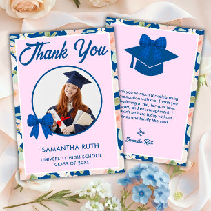 Wildflower Blue Gingham Bow Photo Graduation Thank You Card