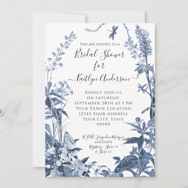 Wildflower Blue n White Floral Bees Bridal Shower Invitation (Front)