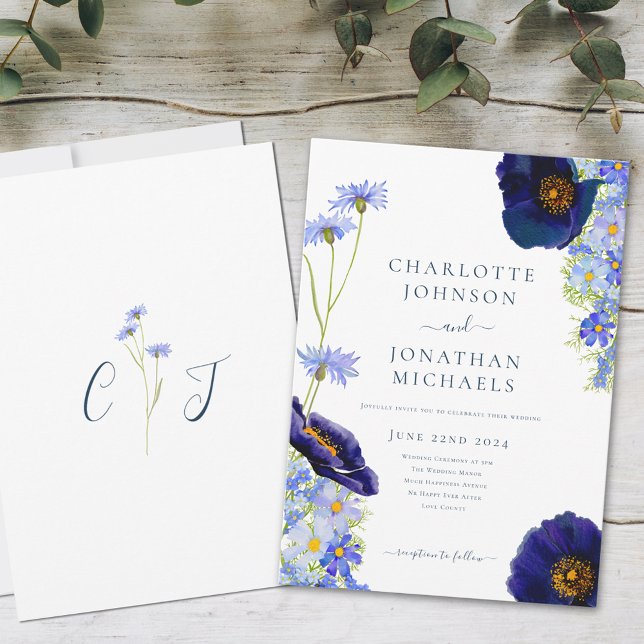 Wildflower Blue Rustic Invitation (Elegant wildflower blue summer floral wedding invitation with bride and groom monogram initials)