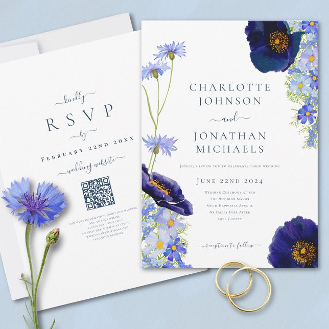 Wildflower Blue Rustic Wedding Website QR Code Invitation (Elegant wildflower watercolor summer floral blue wedding invitation with online rsvp QR code)