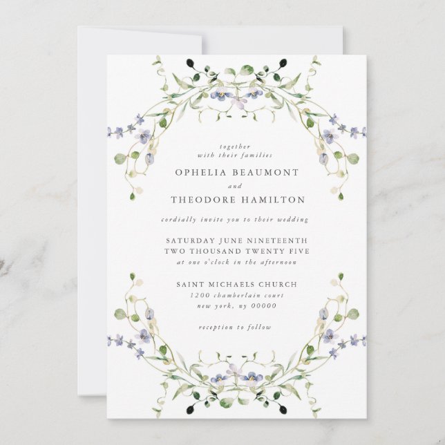 Wildflower Blue Watercolor Elegant Wedding Invitation (Front)