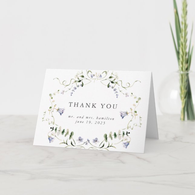 Wildflower Blue Watercolor Elegant Wedding Thank You Card (Front)