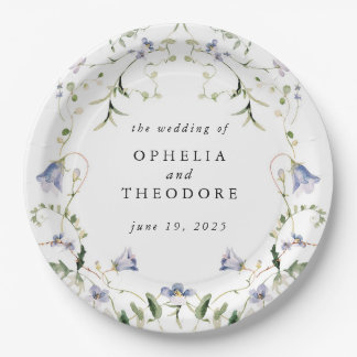 Wildflower Blue Watercolor Wedding Monogram Paper Plate