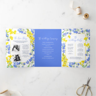 Wildflower blue yellow watercolor botanic wedding Tri-Fold programme