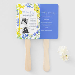 Wildflower blue yellow watercolor wedding program hand fan