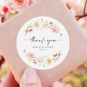 Wildflower Blush Floral Wedding Thank You Classic Round Sticker