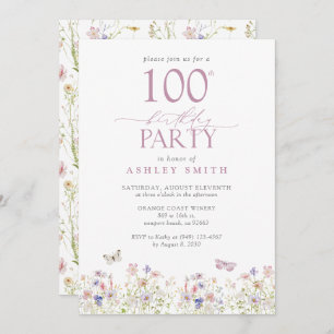 Wildflower Blush Pink 100th Birthday Party Garden Invitation