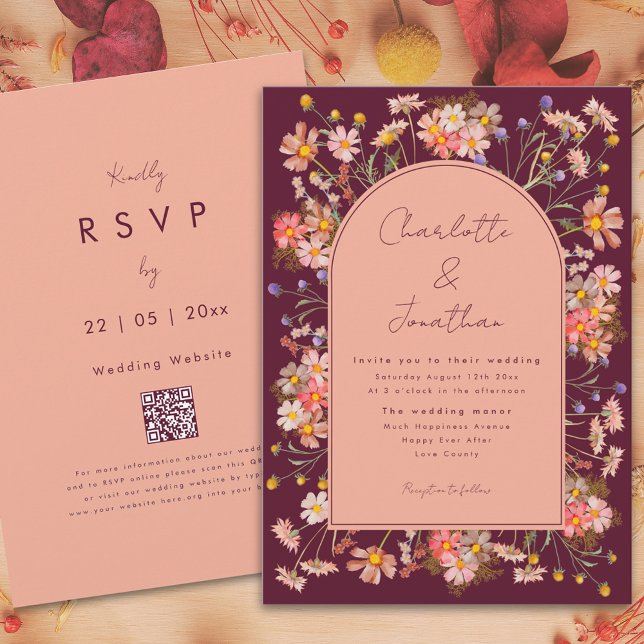 Wildflower Boho Arch Burgundy Fall Wedding Invitation (Wildflower arch boho burgundy peach terracotta fall wedding invitation with qr code)