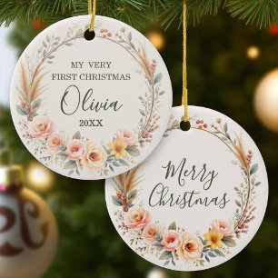 Wildflower Boho Baby First Christmas Personalise Ceramic Ornament