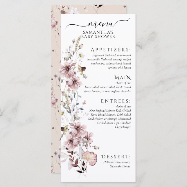 Wildflower Boho Baby Girl Shower Menu (Front/Back)