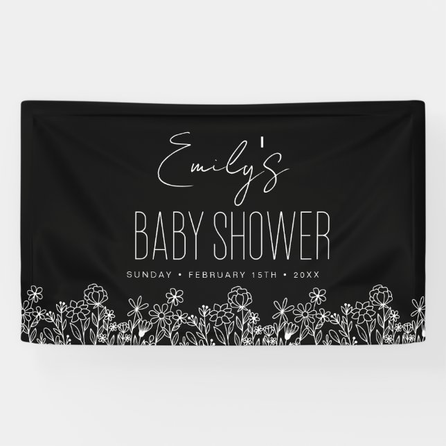 Wildflower Boho Baby Shower Black Elegant Banner (Horizontal)