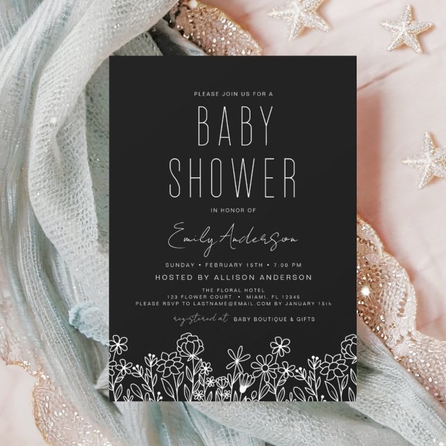 Wildflower Boho Baby Shower Black Elegant Invitation (Creator Uploaded)