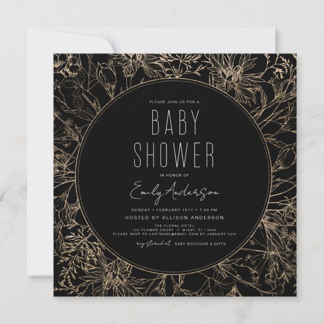 Wildflower Boho Baby Shower Black Modern Invitation (Front)
