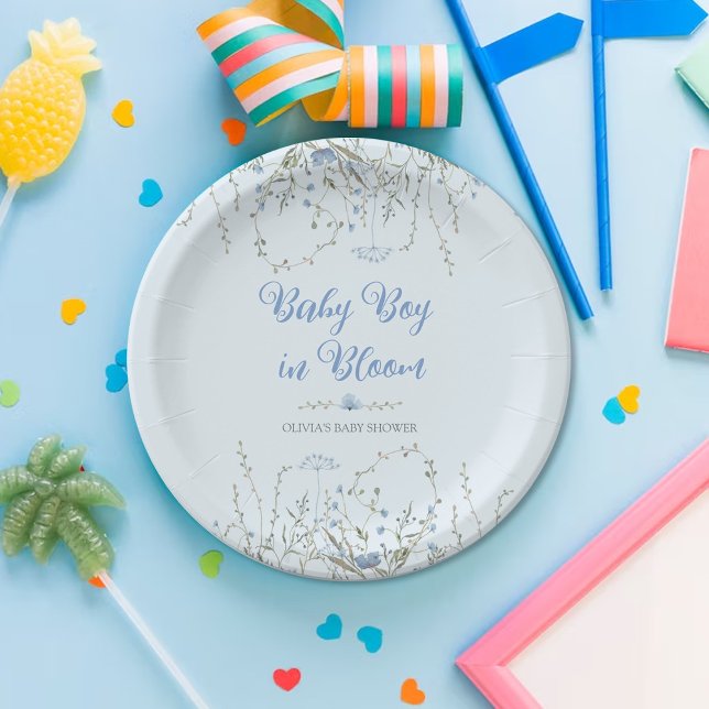 Wildflower Boho Baby Shower Boy Blue Paper Plate (Creator Uploaded)