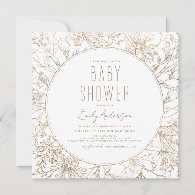 Wildflower Boho Baby Shower Gold Modern Invitation (Front)