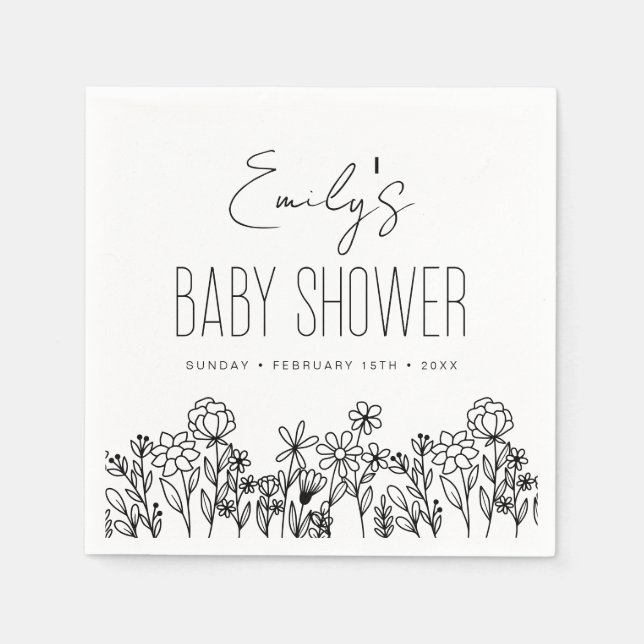 Wildflower Boho Baby Shower In Bloom Black Napkin (Front)