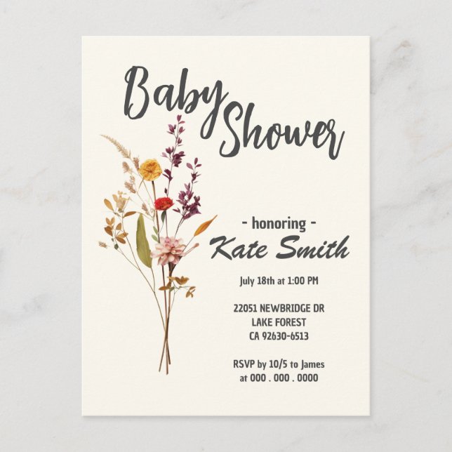 Wildflower Boho Baby Shower Invitation Postcard (Front)