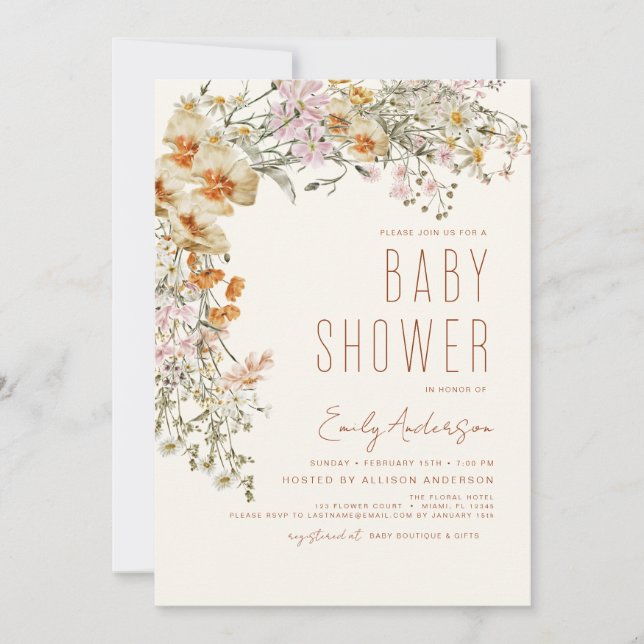 Wildflower Boho Baby Shower Terracotta Modern Invitation (Front)