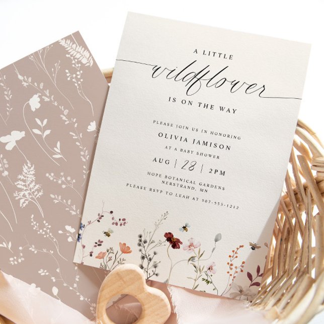 Wildflower Boho Baby Shower Woodsy Elegant Invitation (Elegant Boho Wildflower Baby Shower Invitation with Bees)