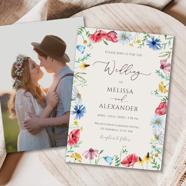 Wildflower boho beige photo Wedding Invitation (Creator Uploaded)