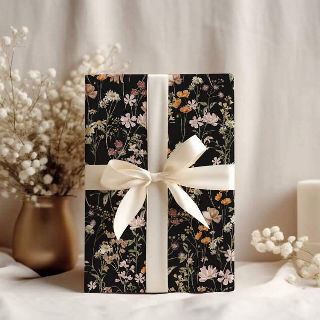 Wildflower Boho Bloom Garden Black Wrapping Paper (Creator Uploaded)