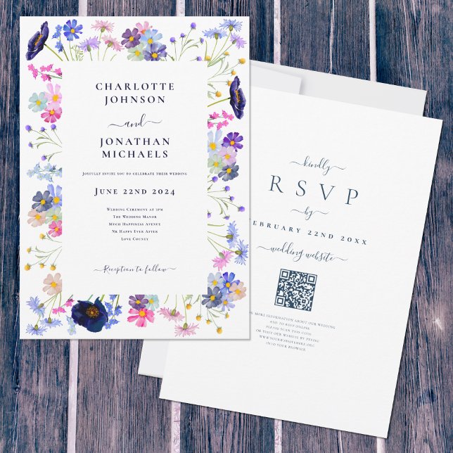 Wildflower Boho Blue QR Code Wedding Invitation (Elegant boho chic wildflower watercolor wedding invitation with online rsvp qr code)