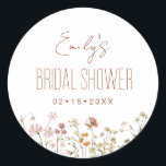Wildflower Boho Bridal Shower In Bloom Garden Classic Round Sticker<br><div class="desc">Add a touch of bohemian beauty to your bridal shower with our Wildflower Boho Bridal Shower In Bloom Garden Classic Round Sticker. These enchanting stickers feature a stunning wildflower design that captures the essence of nature's beauty. Perfect for sealing invitations, decorating favours, or adding a personalised touch to various items,...</div>