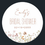 Wildflower Boho Bridal Shower In Bloom Garden Classic Round Sticker<br><div class="desc">Add a touch of bohemian beauty to your bridal shower with our Wildflower Boho Bridal Shower In Bloom Garden Classic Round Sticker. These enchanting stickers feature a stunning wildflower design that captures the essence of nature's beauty. Perfect for sealing invitations, decorating favours, or adding a personalised touch to various items,...</div>