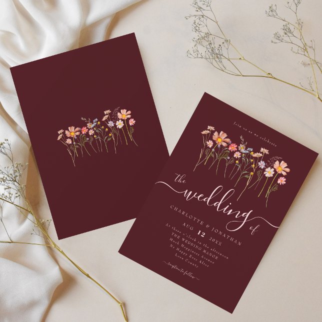 Wildflower Boho Burgundy & Blush Pink Wedding Invitation (Elegant wildflower meadow watercolor floral burgundy blush pink wedding invitation)