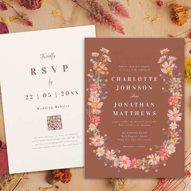 Wildflower Boho Burnt Orange Fall Wedding Invitation (Elegant wildflower wreath burnt orange terracotta fall wedding invitation )