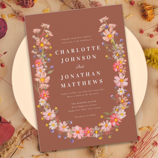 Wildflower Boho Burnt Orange Fall Wedding Invitation (Elegant wildflower boho burnt orange terracotta wedding invitation )