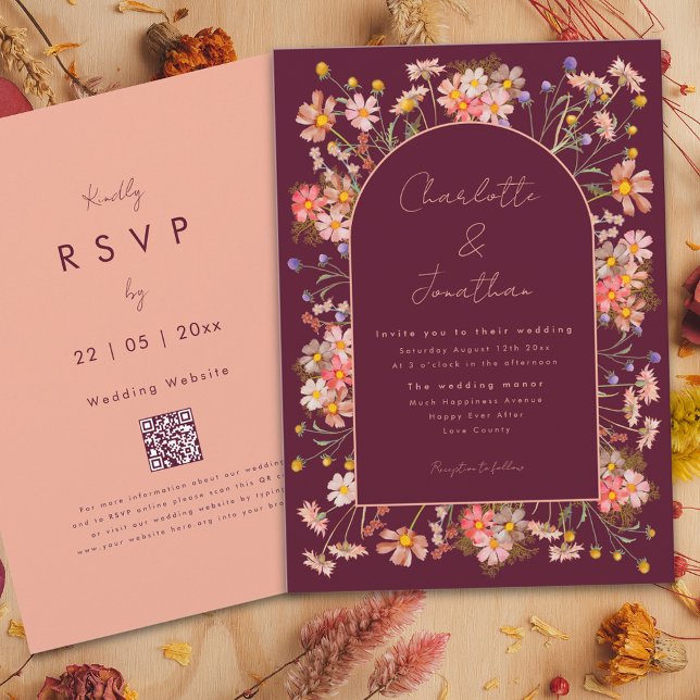 Wildflower Boho Chic Arch Burgundy Fall Wedding Invitation (Elegant wildflower arch burgundy terracotta burnt orange peach fall wedding invitation )