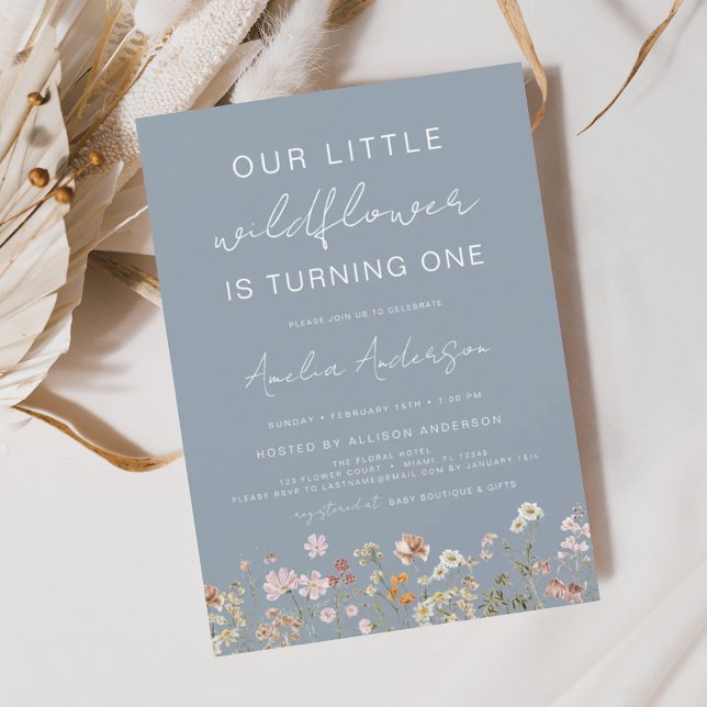 Wildflower Boho Chic First Birthday Dusty Blue Invitation (Creator Uploaded)