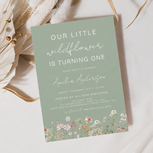 Wildflower Boho Chic First Birthday Sage Green Invitation