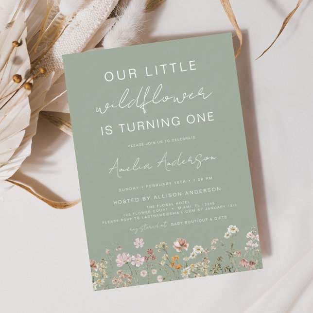 Wildflower Boho Chic First Birthday Sage Green Invitation (Creator Uploaded)