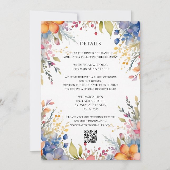 Wildflower boho chic floral wreath wedding details invitation (Front)