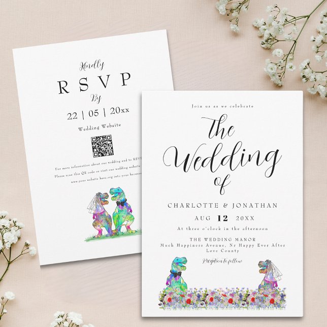 Wildflower Boho Dinosaur Theme Wedding Invitation (Boho wildflower dinosaur wedding invitation with qr code)
